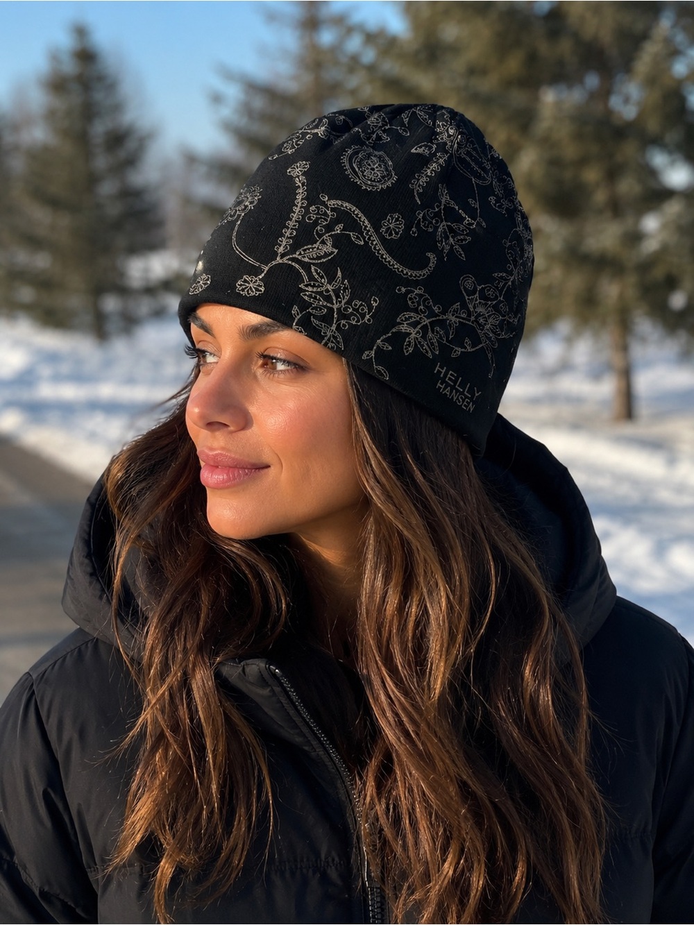 Helly Hansen Black Floral Knit Beanie Hat OS Winter Outdoor Cozy